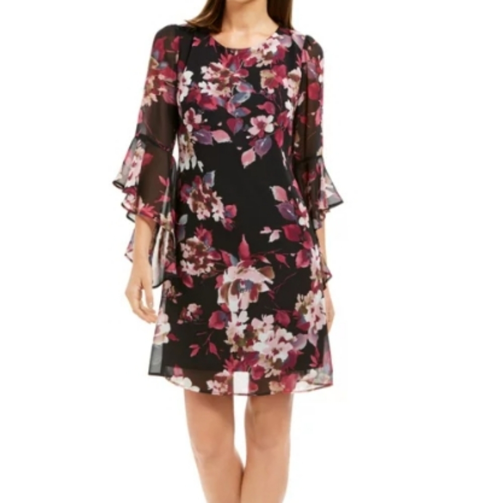 Connected Apparel Women's Black Bell Sleeve Above the Knee Sheath Dress Sz 12